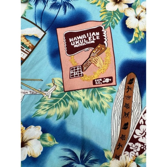 High Surf Mens Hawaiian Shirt Size 2XL Ukulele Surfboards Floral Palm Tree Blue - Picture 8 of 14